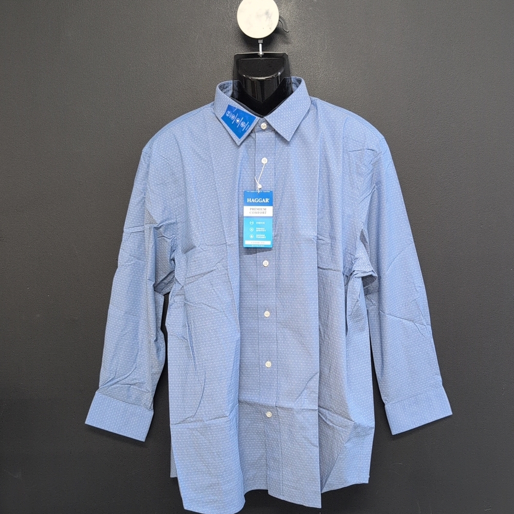 Haggar Premium Comfort Classic Fit Men's Dress Shirt Size 34/35 Denim Blue Dobby